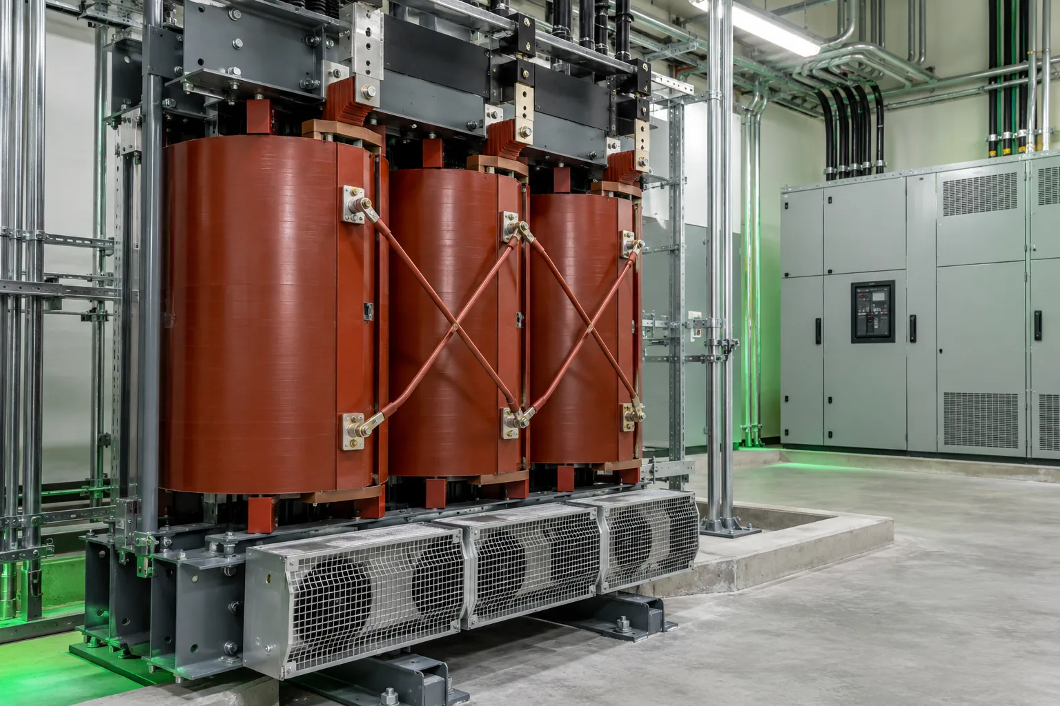 Imagen ilustrativa de un transformador seco en un cuarto eléctrico